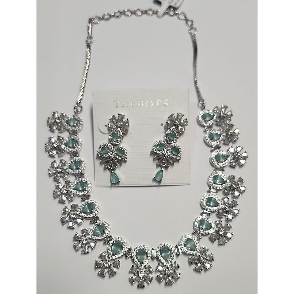 Talbots Silver-Tone Aqua Teardrop Bib Necklace with Matching Earrings